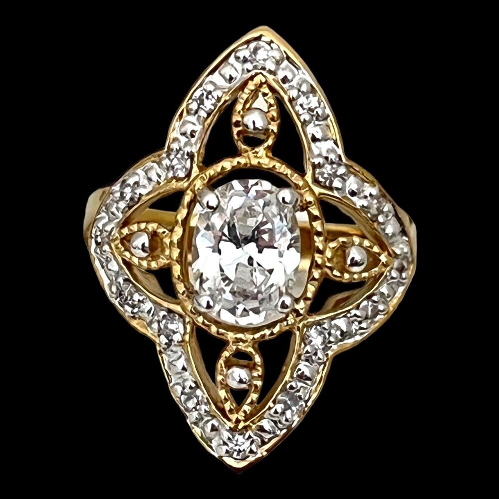 Vintage 1980s CZ Ring Size 7 Art Deco Revival Gold Plated Original Stock  - 4Q